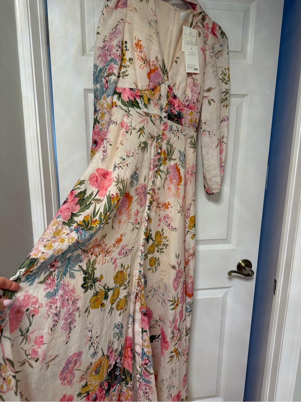 Zimmermann Cream Floral Tie-Neck Maxi Dress with Pink and Yellow Blooms - Picture 7 of 10
